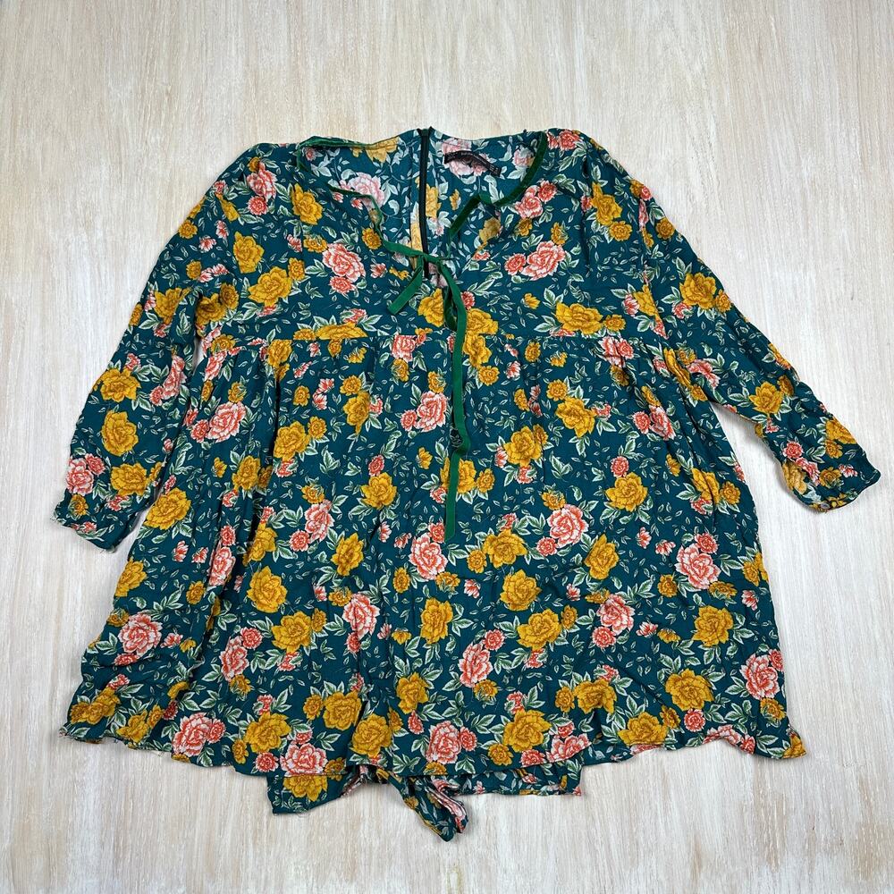 Zara Green Floral Babydoll Peasant Romantic Tie Neckline Romper Dress Medium